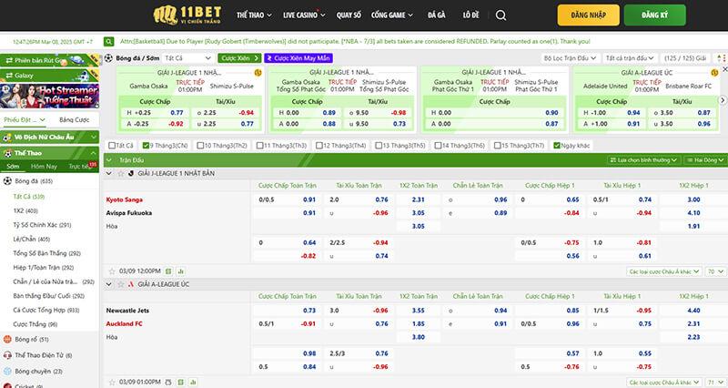 Bảng tỷ lệ kèo chuẩn nhất tại 11bet